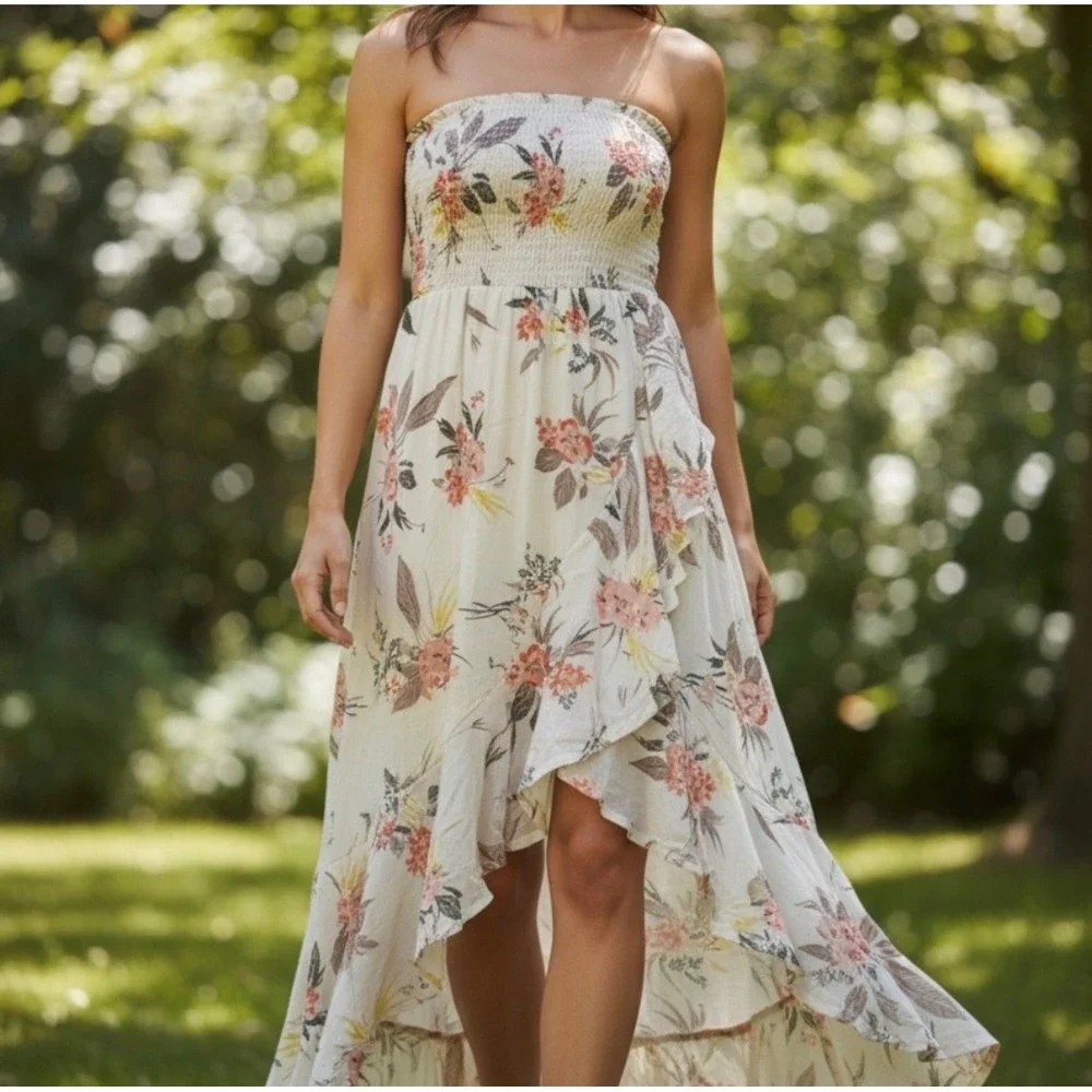 Skylar + Jade Floral Smocked Strapless High-Low Maxi Dress Cream Size Small